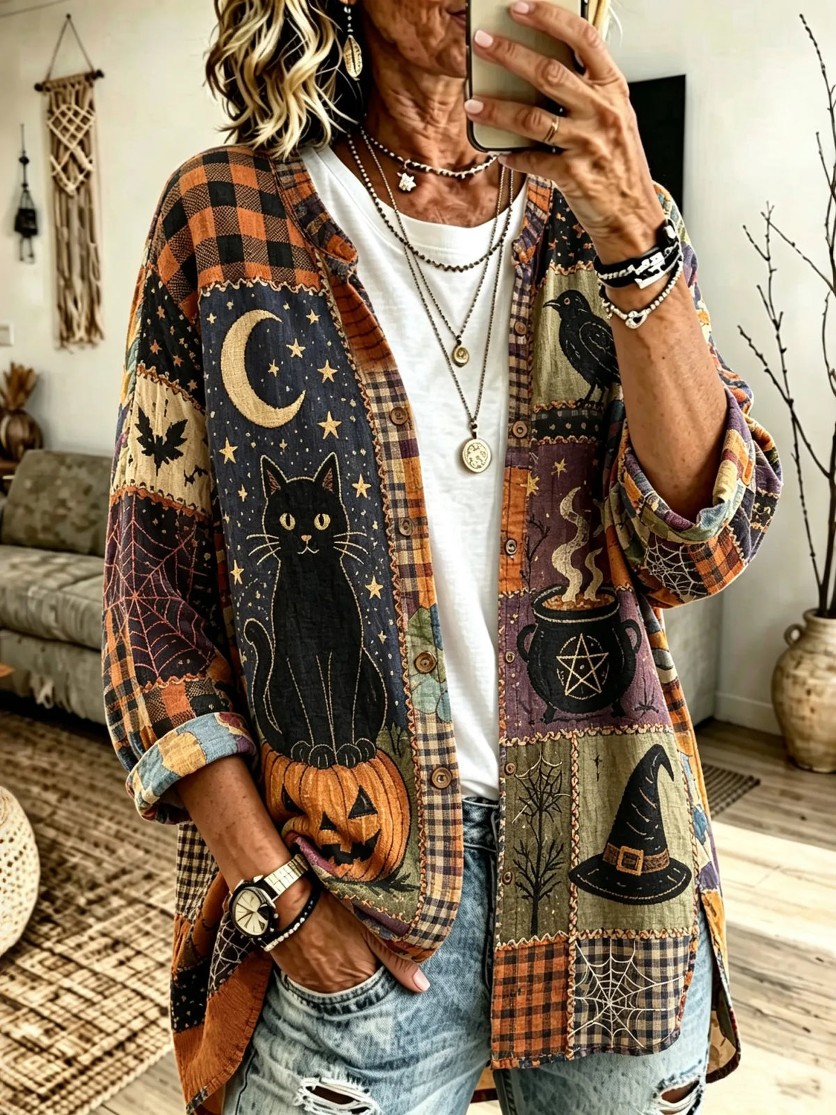 Women's Halloween Patchwork Black Cat Plaid Witch Pumpkin Print Crew Neck Long Sleeve Shirt
