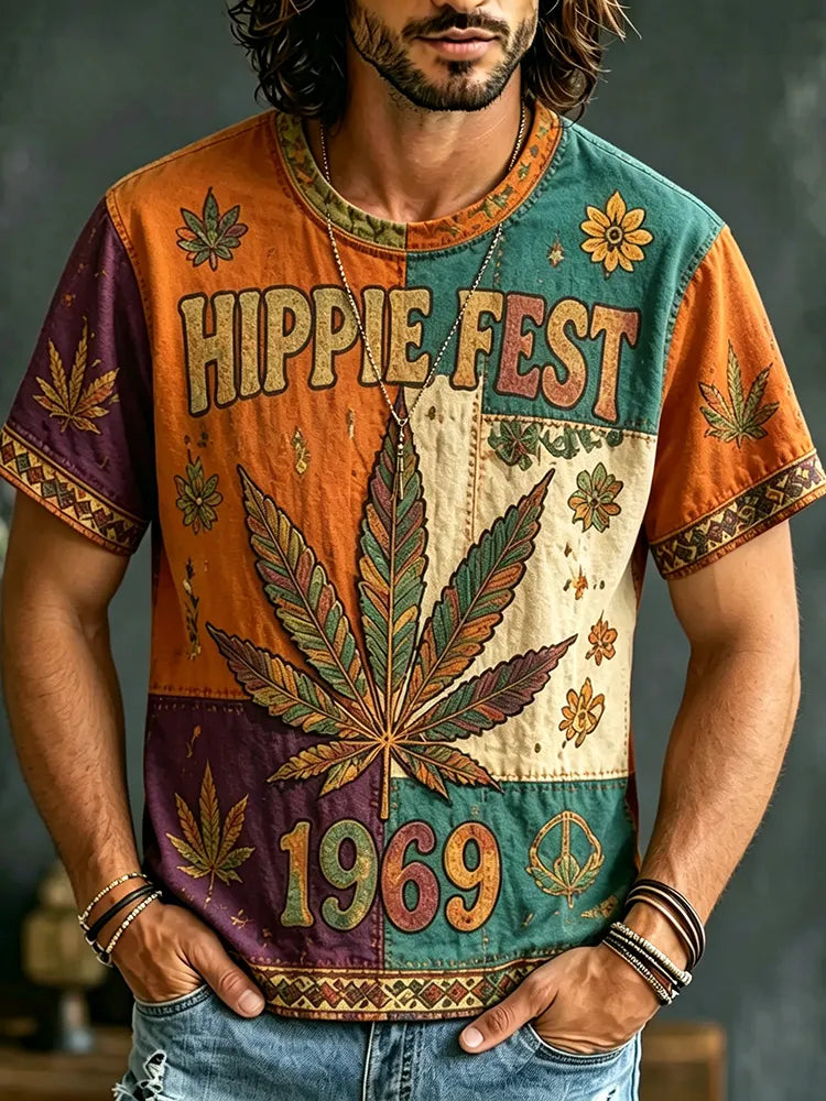 Men's Retro Hippie Ethnic Floral Music Festival Design Short-sleeve Shirt