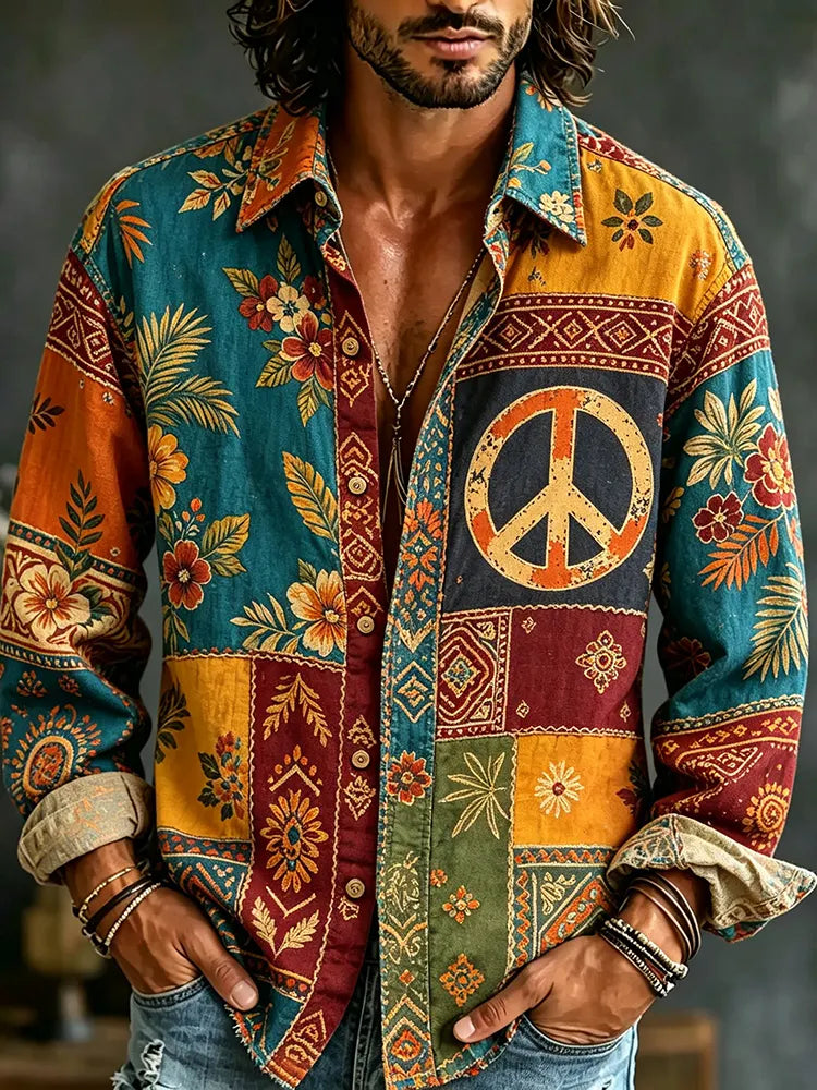Men's Retro Hippie Style Peace Logo Floral Pattern Linen Blend Casual Long-sleeve Shirt