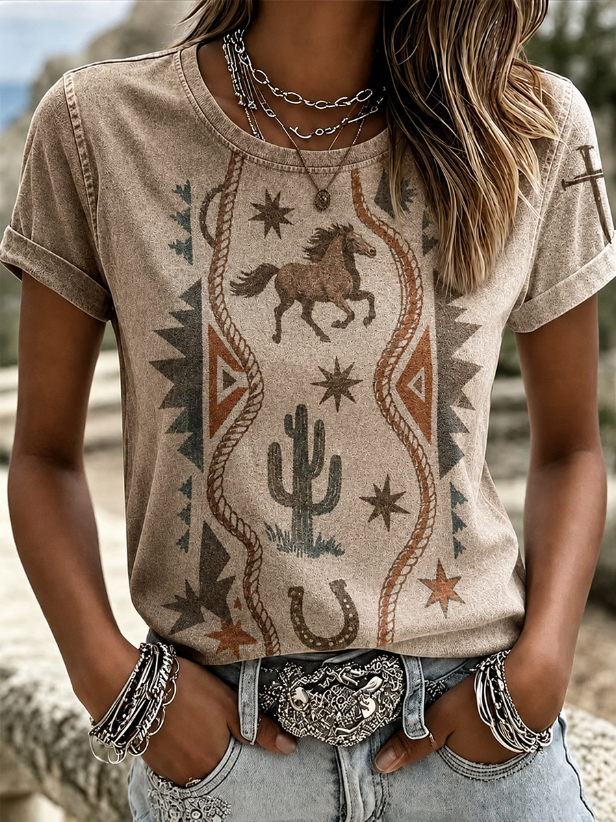 Women's Vintage Wash Cactus Horse Horseshoe Aztec Rope Graphic T-Shirt