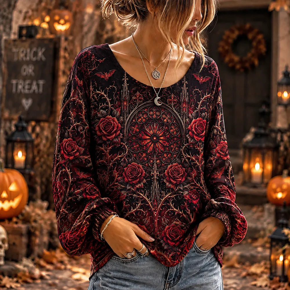 Women's Halloween Red Gothic Rose, Stained Glass & Bats Graphic Long-sleeve Top