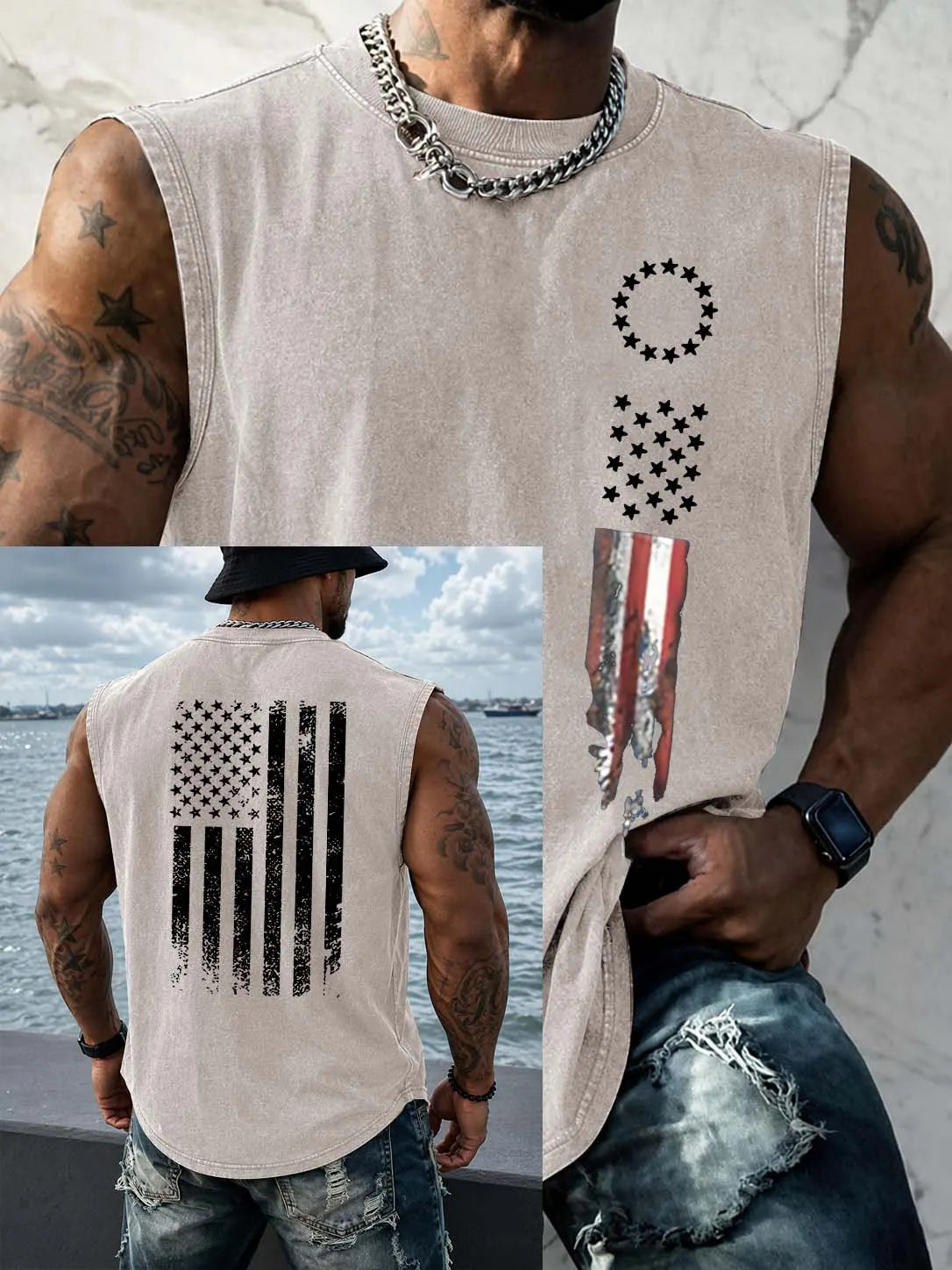 America Flag  Pattern Pattern Sleeveless 100% Cotton Washed Printed Loose Vest