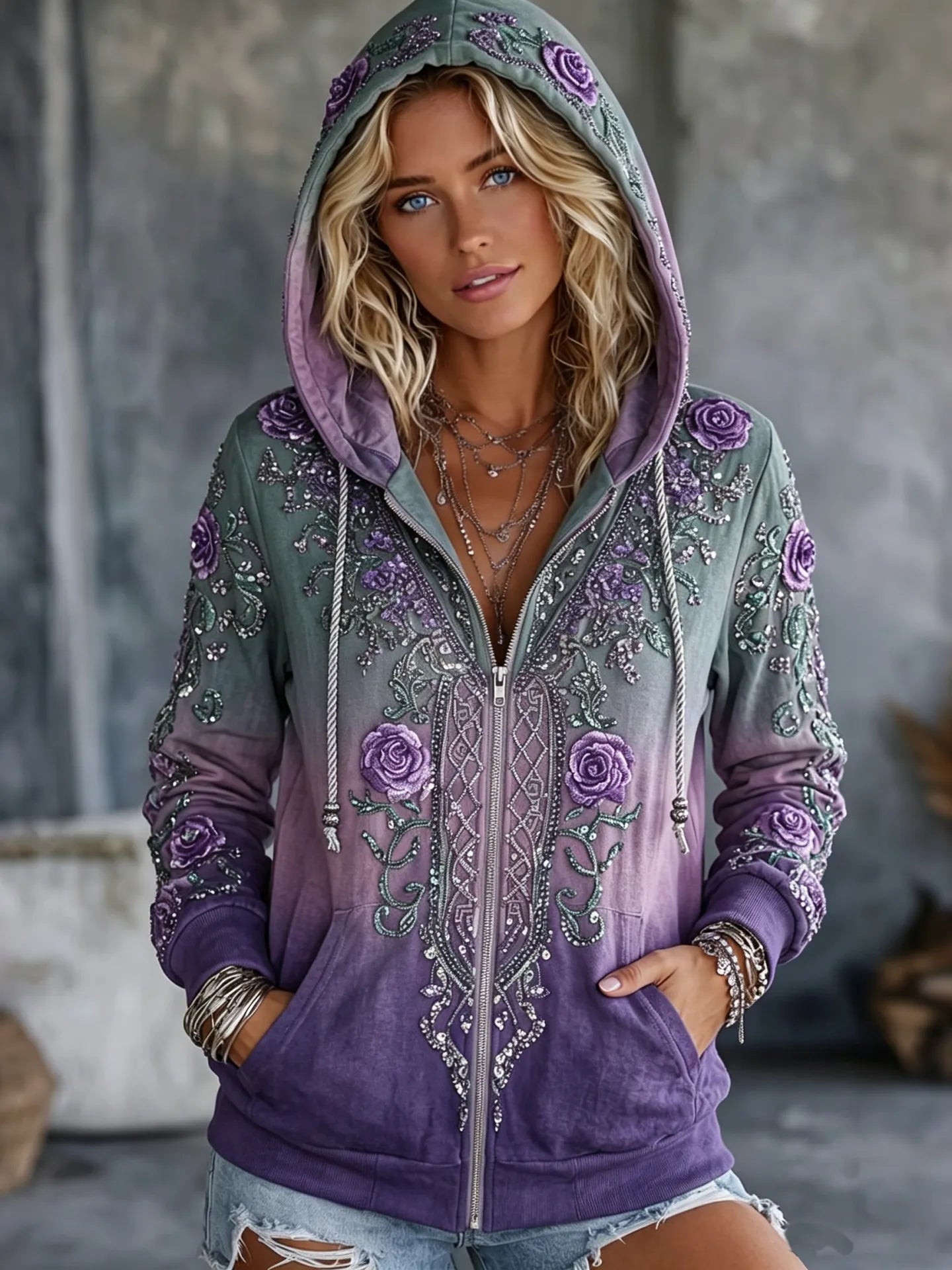 Women's Vintage Celtic Knot Floral Gradient Art Comfy Zipper Hoodie