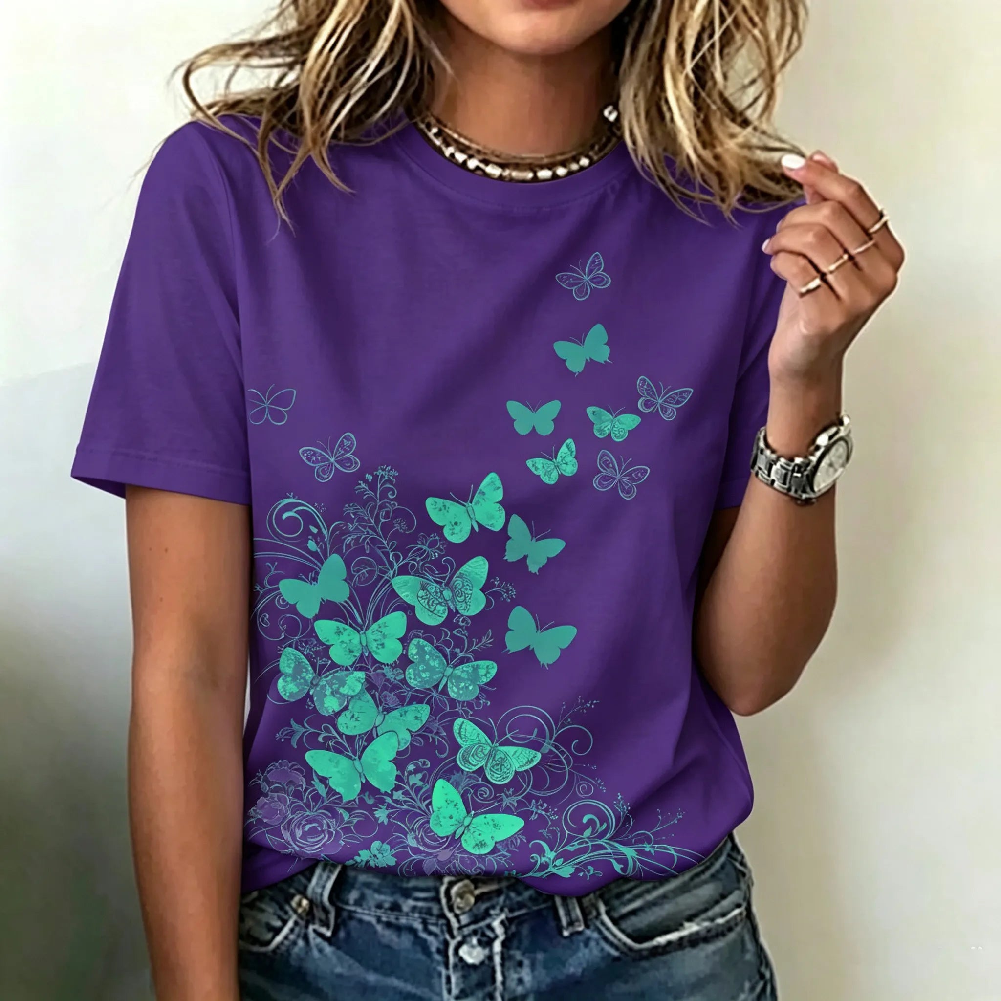 Women's Retro Bohemian Floral And Butterfly Print T-shirt