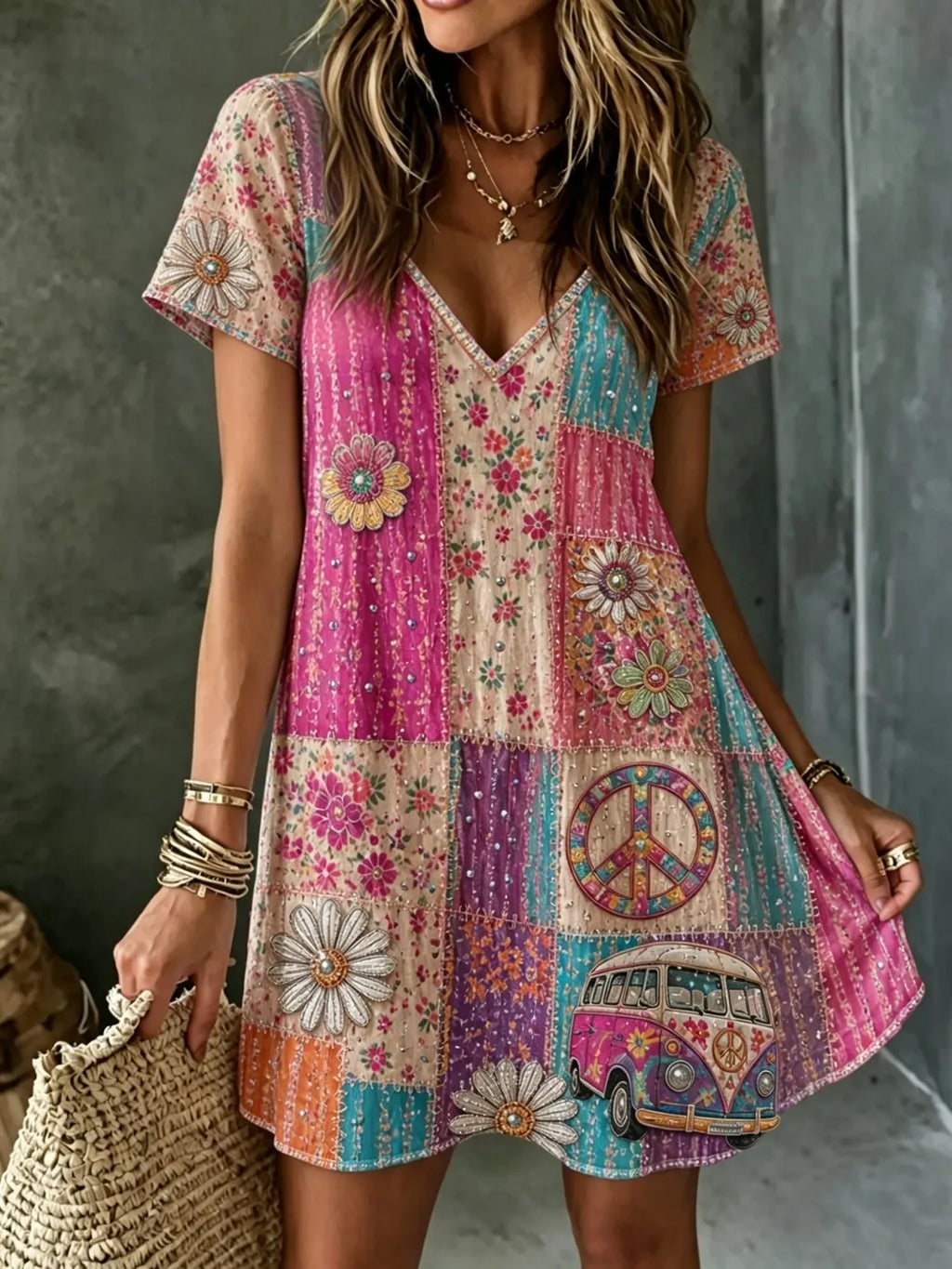 Women's Retro Hippie Patchwork Art Mini Dress