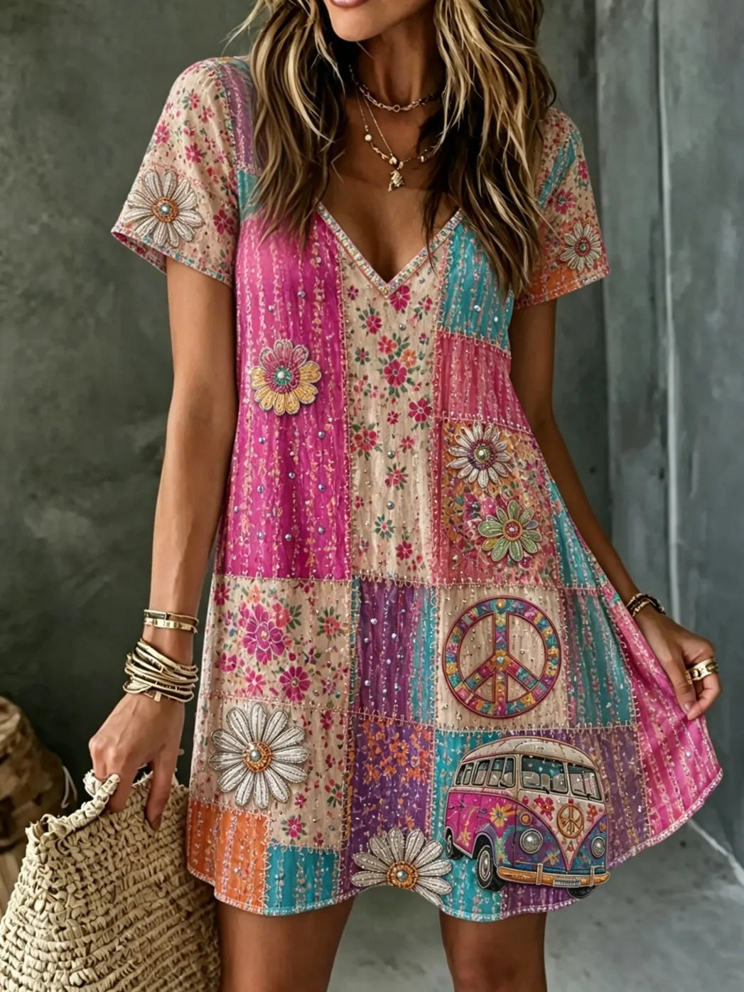 Women's Retro Hippie Patchwork Art Mini Dress