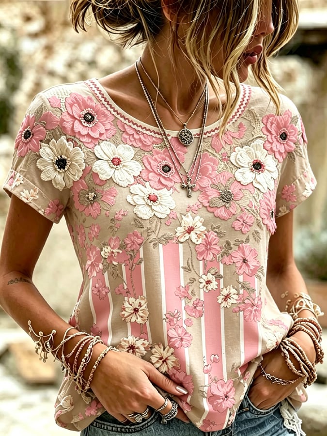 Women'S Casual Pink Floral Print Short-Sleeve Top