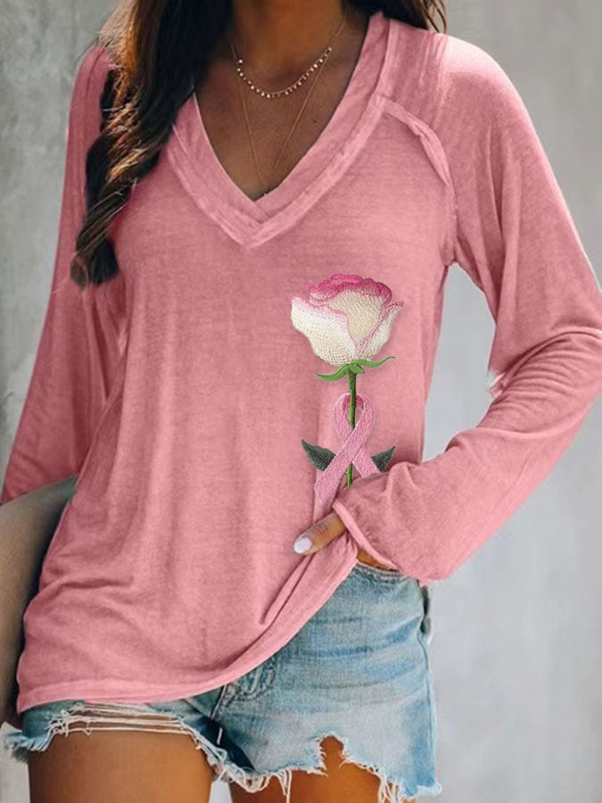 Women's Pink Breast Cancer Floral Print T-Shirt