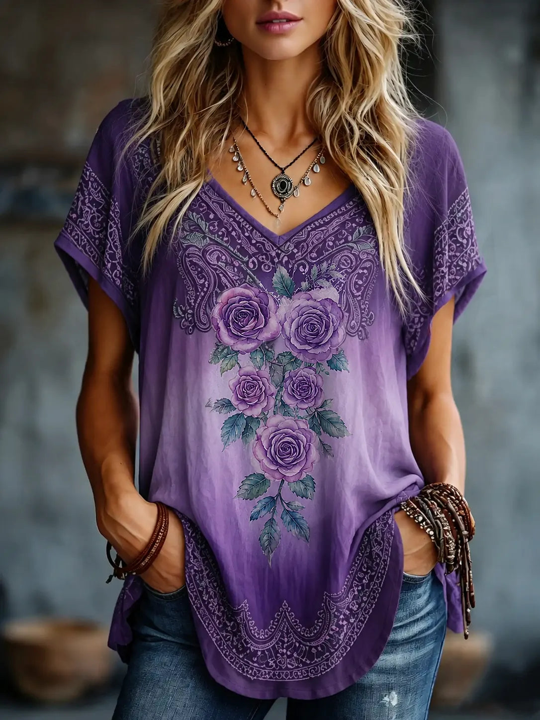 Women's Vintage Floral Art Flowy Linen Blend Casual Tops