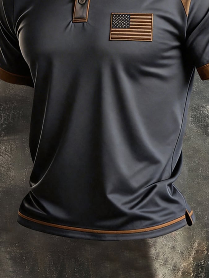 Men's Retro Patriotic Color-Block Short-Sleeve Henley T-Shirt
