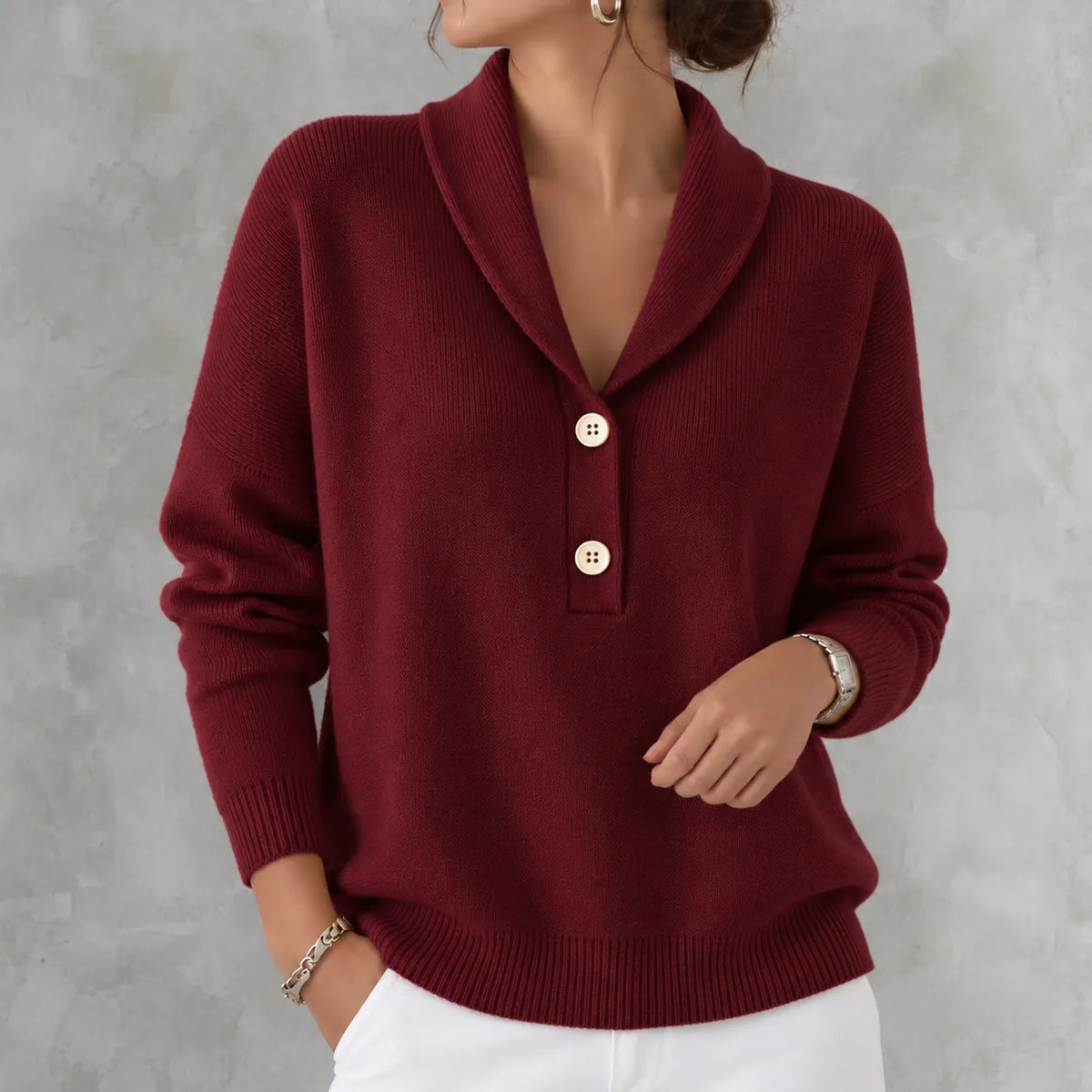 Elegant Solid Color Collar Button Knit Sweater