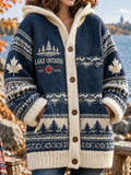 Women's 1615 Lake Ontario Pattern Knitted Casual Warm Hooded Cardigan Sweater