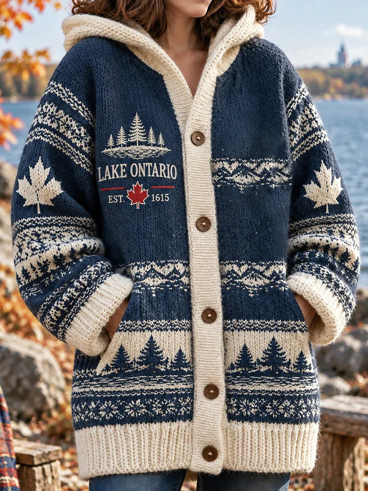 Women's 1615 Lake Ontario Pattern Knitted Casual Warm Hooded Cardigan Sweater