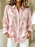 Women's Pink Floral and Bird Print Casual Collared Shirt