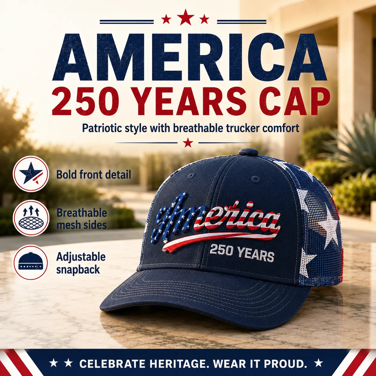 ❤️ 🇺🇸 America 250 Years Patriotic Embroidered Mesh Trucker Cap