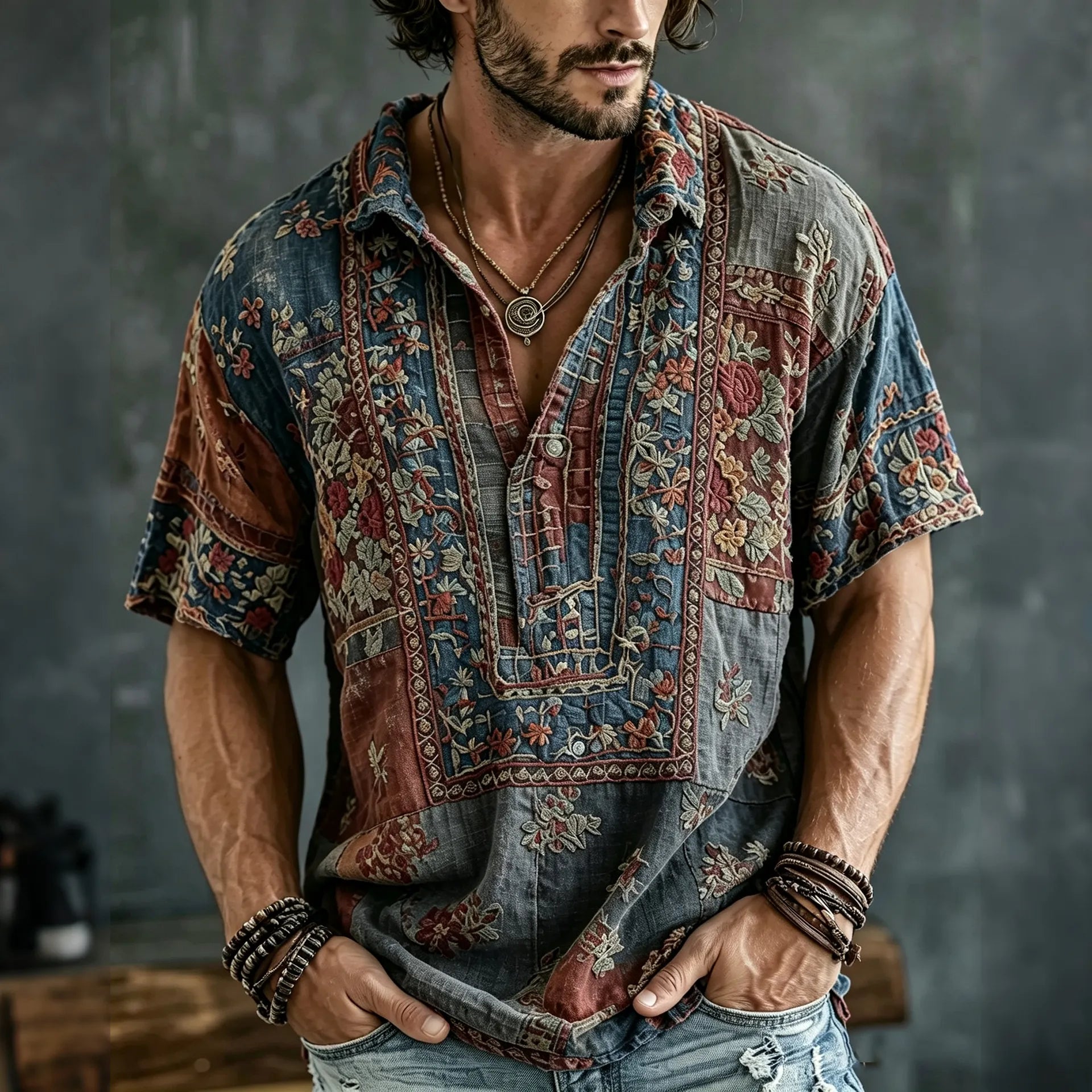 Men's Vintage Floral  Patchwork Embroidered Art Print Flowy Linen Blend Casual Tshirt