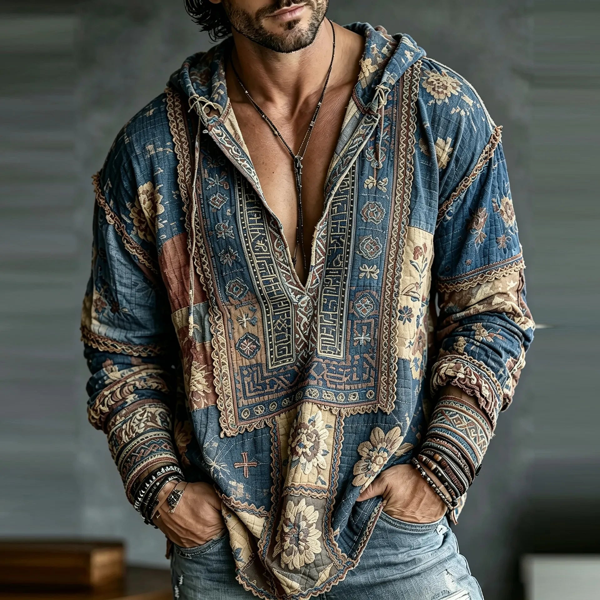 Men's Retro Floral  Patchwork Embroidered Art Print Flowy Linen Blend Casual  Hooded Shirt