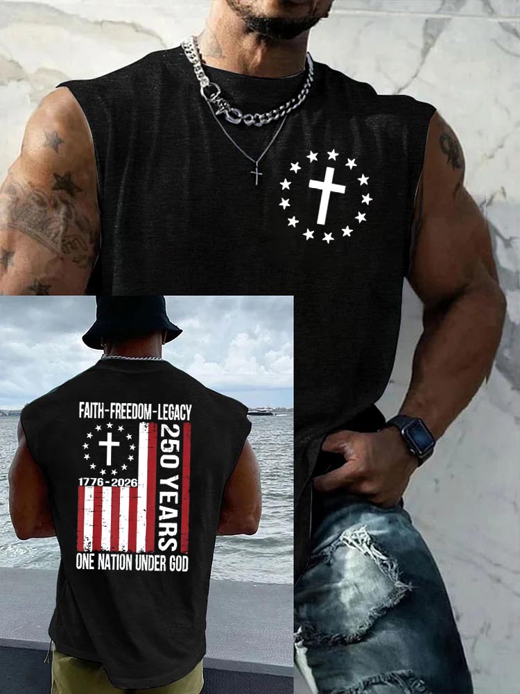 Faith Freedom Legacy One Nation Under God Pattern Round Neck 100% Cotton Tank Top