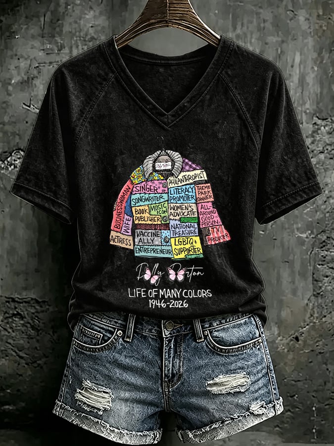 V Neck Retro Coat Of Many Colors Print T-Shirt