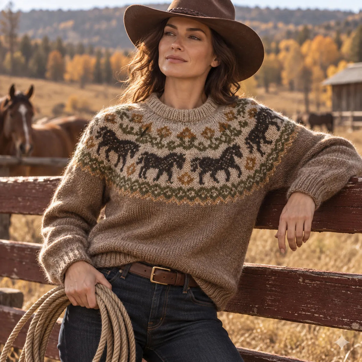 Women's Western Horse Motif Print Knitted Comfort Round Neck Sweater