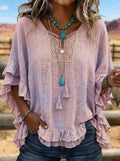 Women's Western Vintage Boho Lace Trim Ruffle Sleeve Printed Top