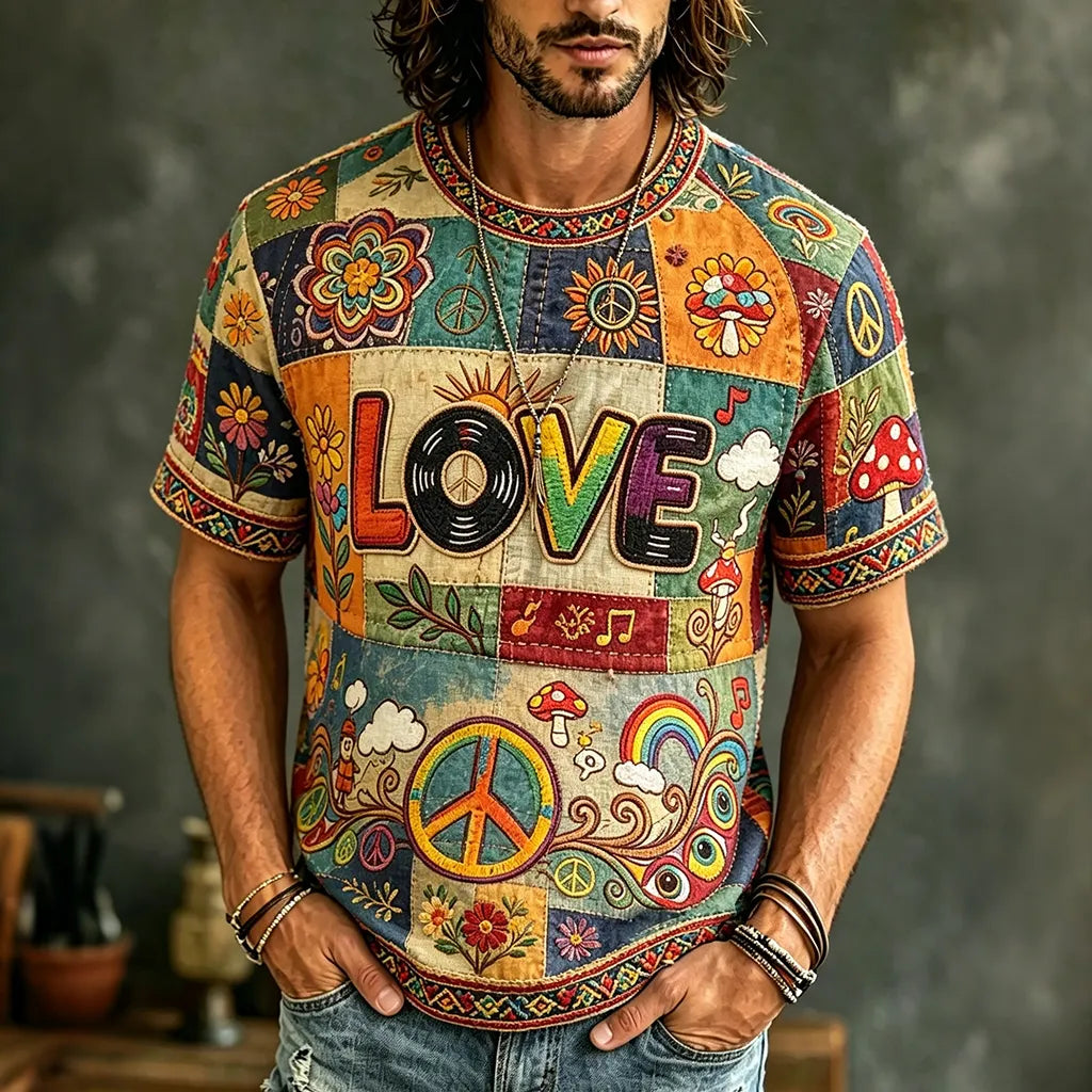 Men's Casual Color Block Love Music Retro Hippie Crew Neck T-shirt