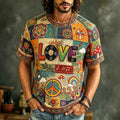 Men's Casual Color Block Love Music Retro Hippie Crew Neck T-shirt