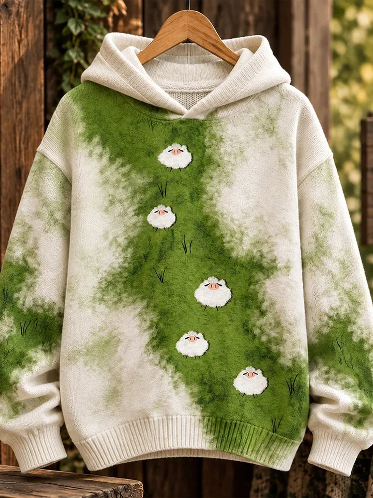 Women's Vintage Watercolor Green Tie Dye Cute Sheep Grassland Print Sweater