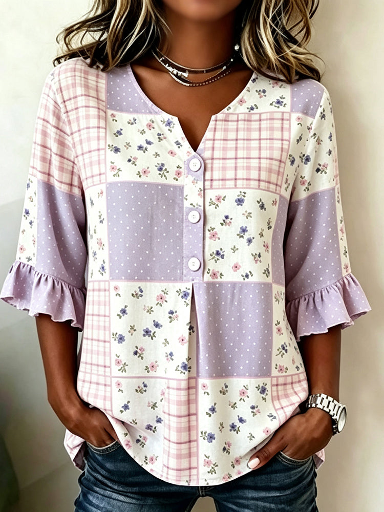 Women's Retro Floral Plaid Print Casual Top