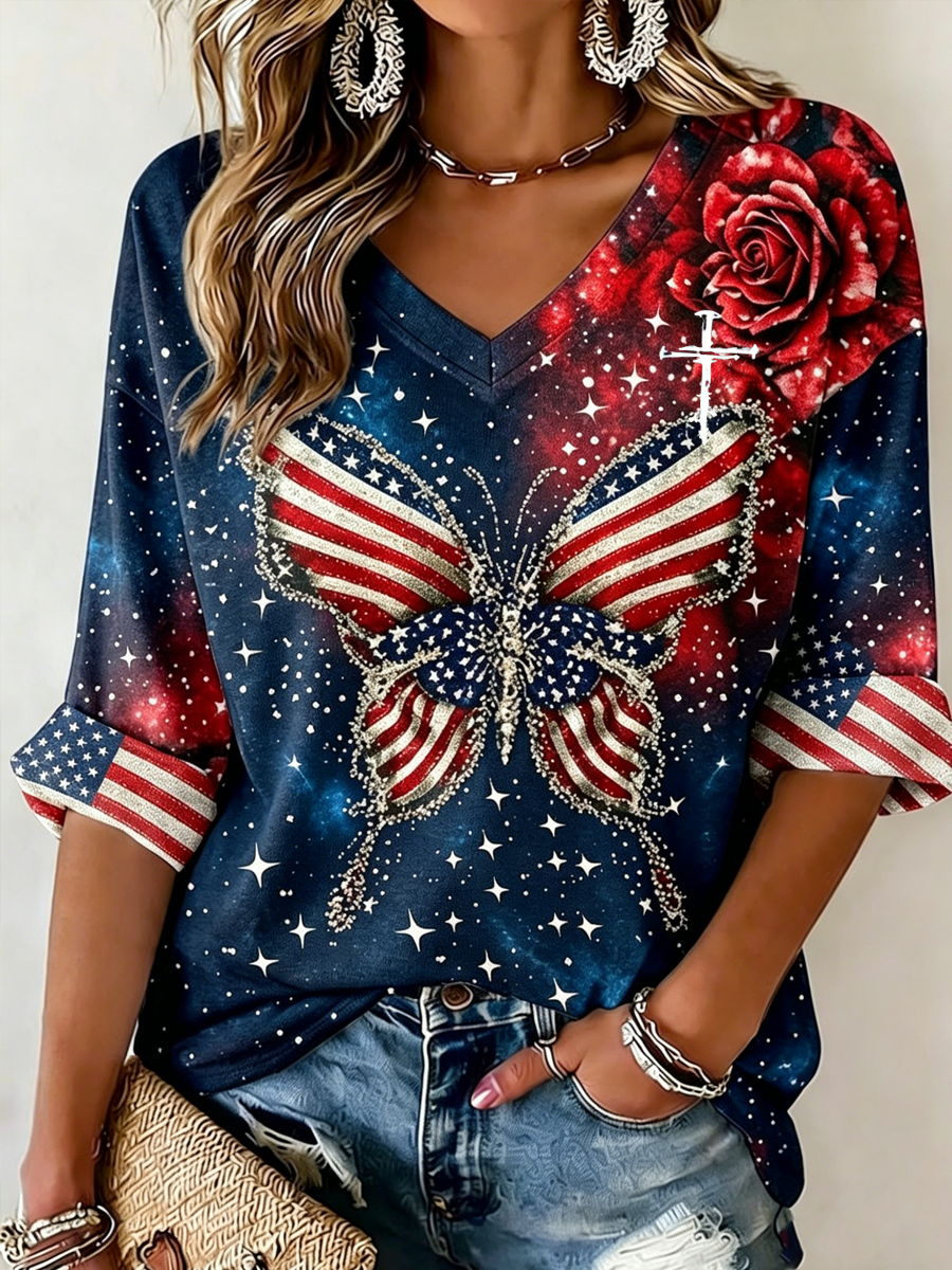 Women'S Cross Butterfly Flag Printed Casual Top