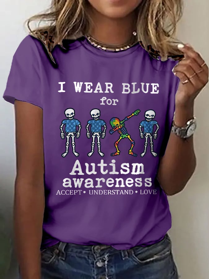 Women's Retro I Wear Blue For Autism Awareness Accept Understand Love Print T-Shirt