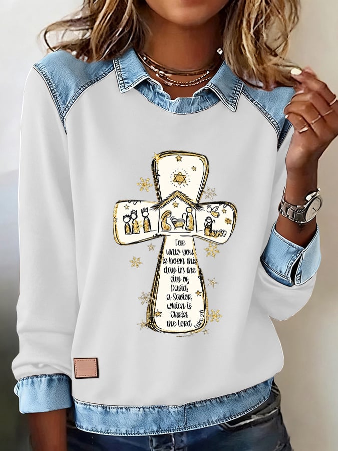 Retro Christmas For Unto You Is Born This Day In The City Of David A Savior, Which Is Christ The Lord – Luke 2:11 Printed Denim Patchwork Sweatshirt