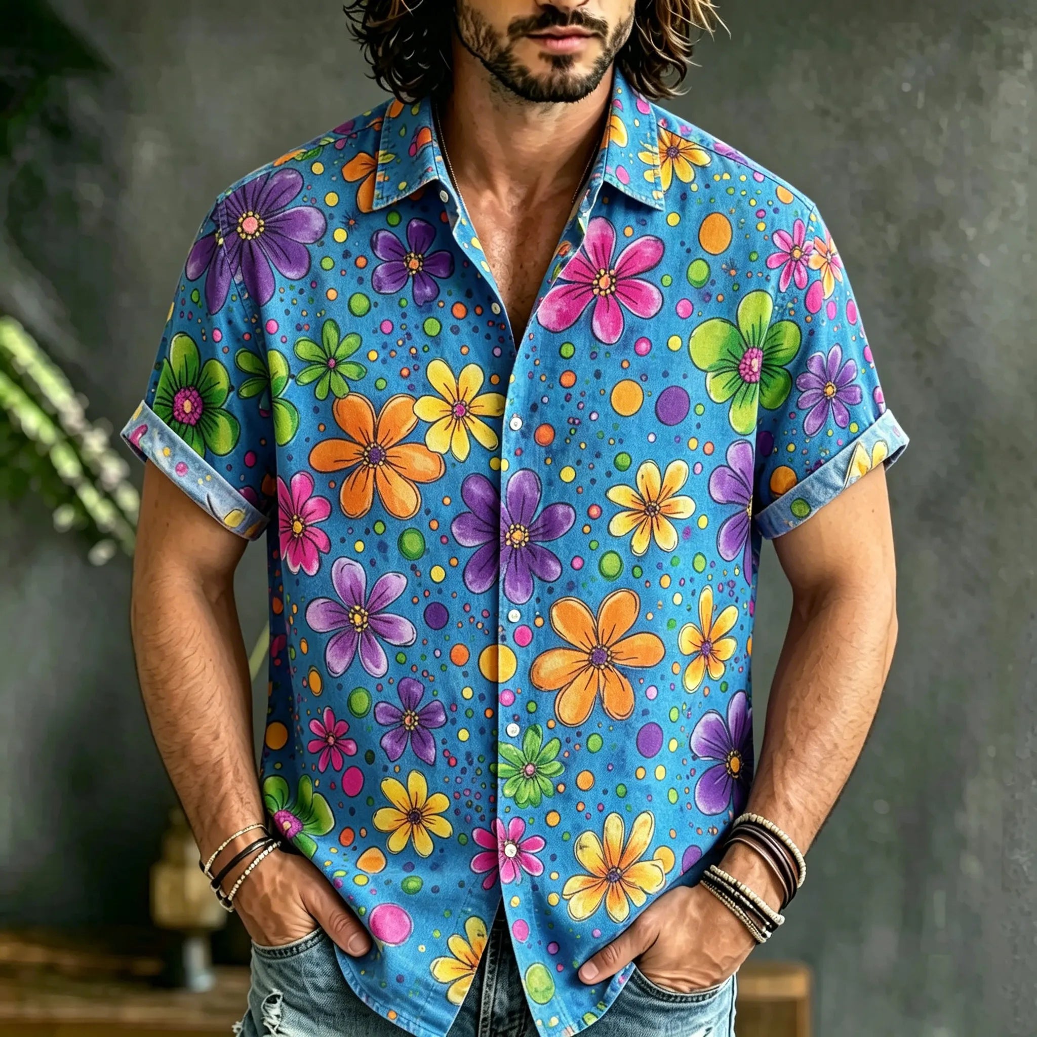 Men's Retro Hippie Floral Art Print Casual Shirt