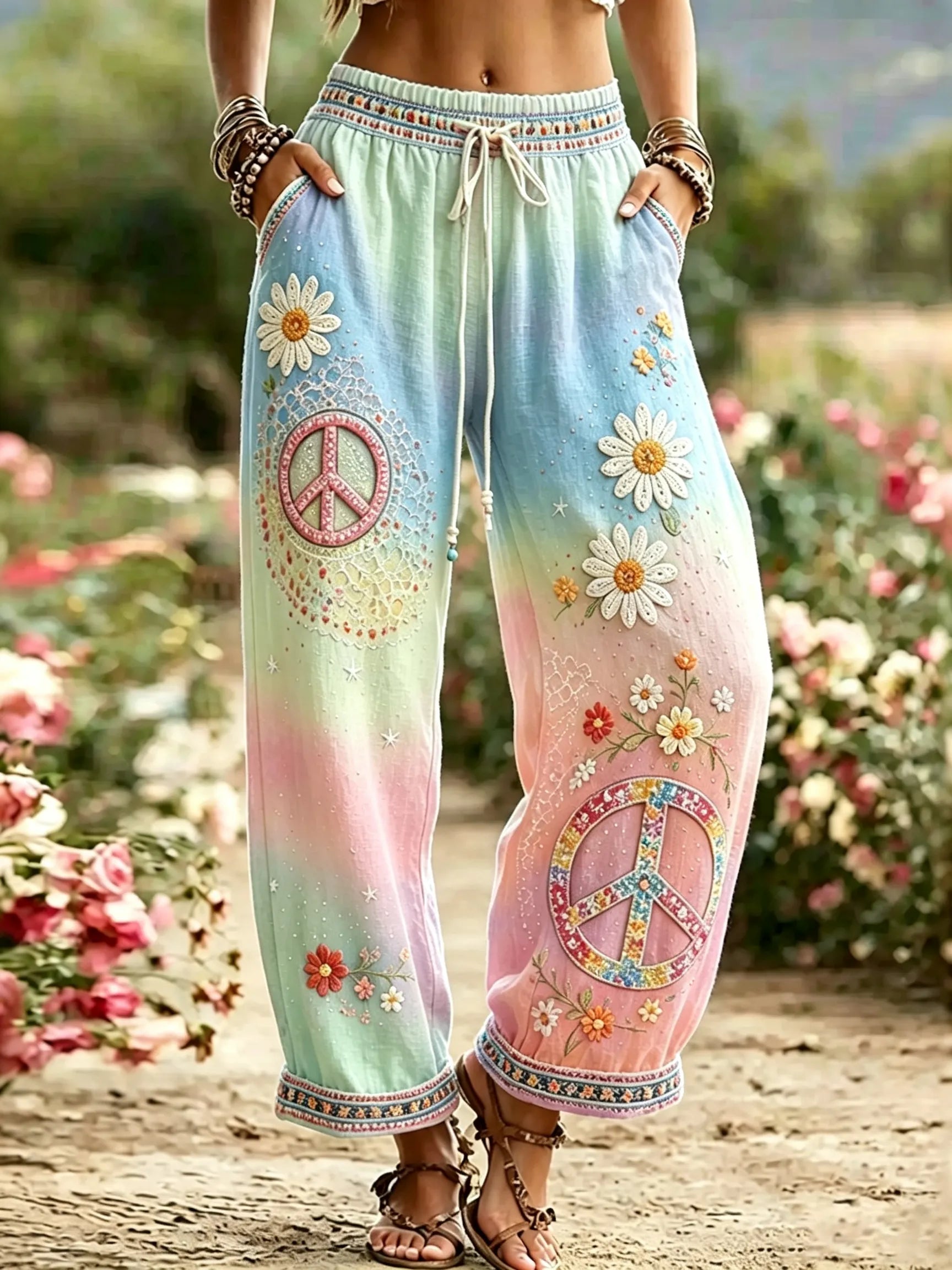Women's Hippie Vintage Hippie Floral Art Cotton Linen Casual Pants