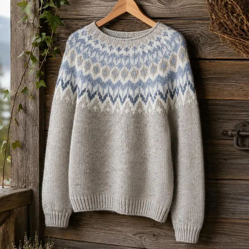 Women's Vintage Forest Motif Print Knitted Comfort Round Neck Sweater