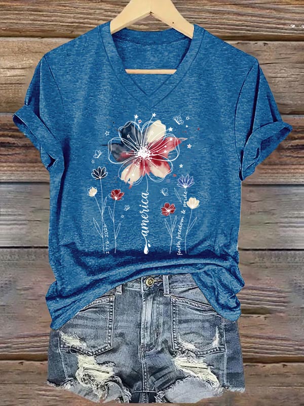 America1776-2026 Faith Freedom Pride Pattern Print V Neck Casual T-Shirt
