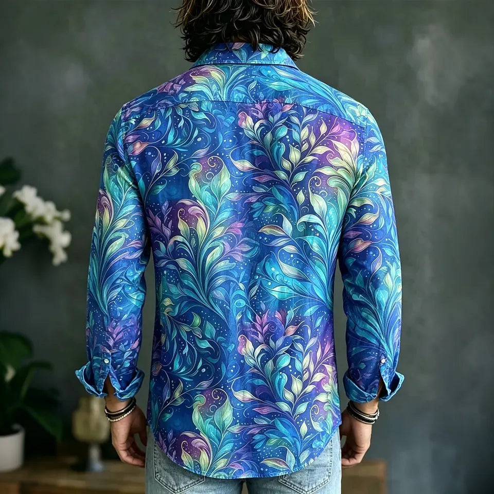 Men's Hippie Floral Art Print Long Sleeves Linen Shirt