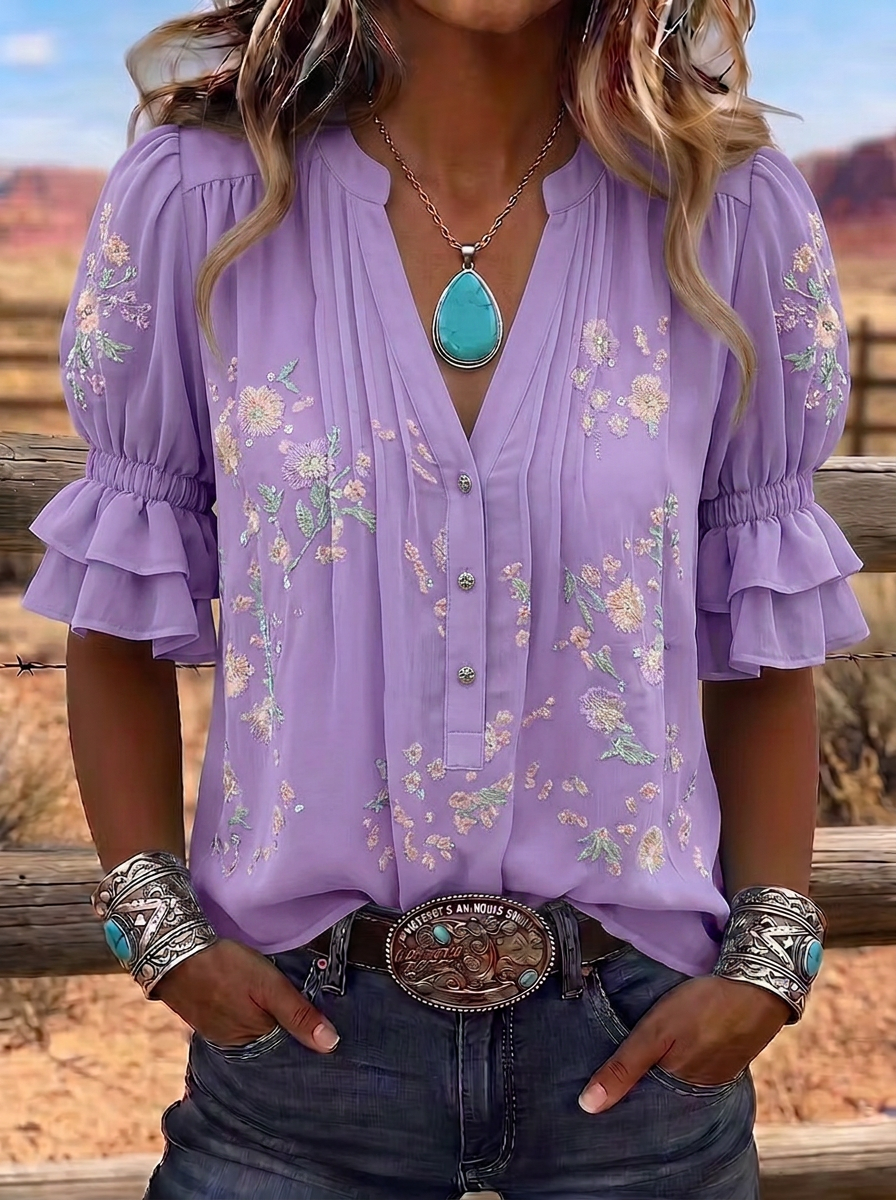Women's Western Vintage Floral Embroidered Ruffle Sleeve Blouse
