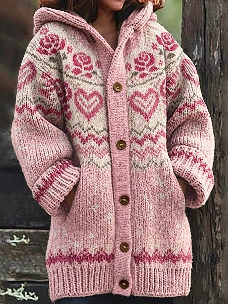 Women's Floral Vintage Pattern Knitted Comfort Hooded Cardigan
