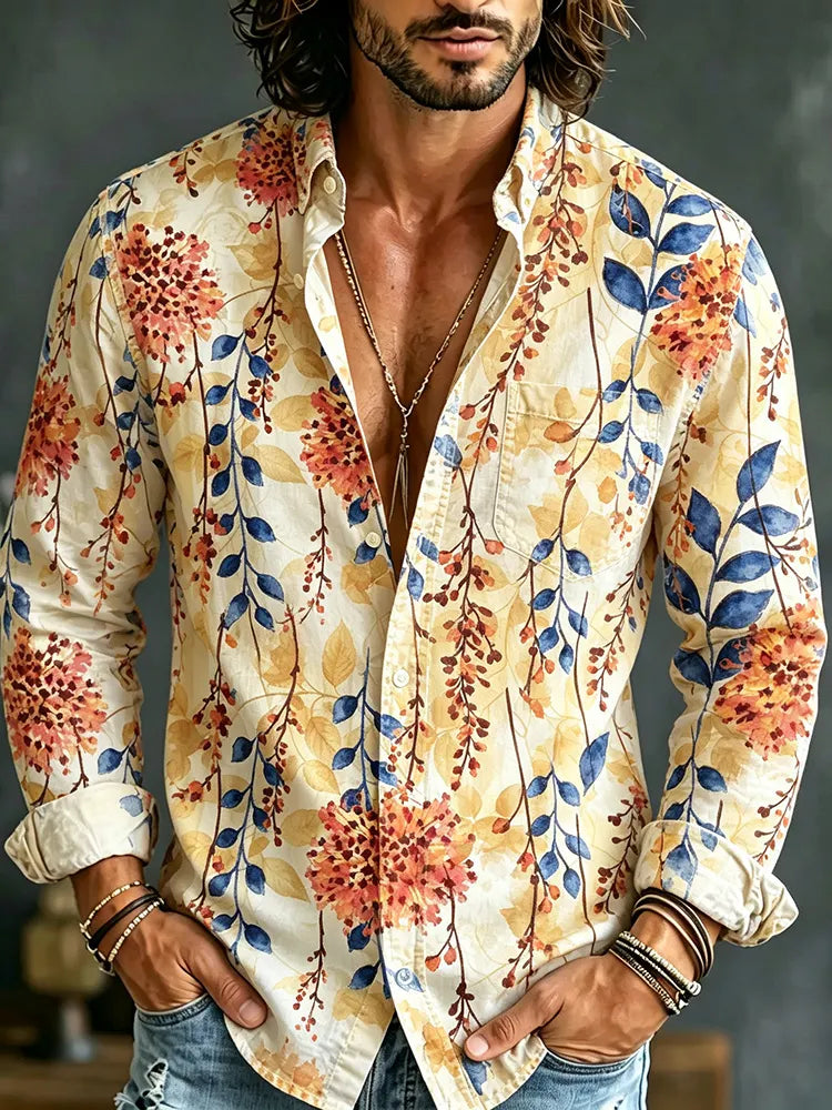 Men's Retro Casual Tie-dye Floral Print Long-sleeve Cotton Linen Shirt