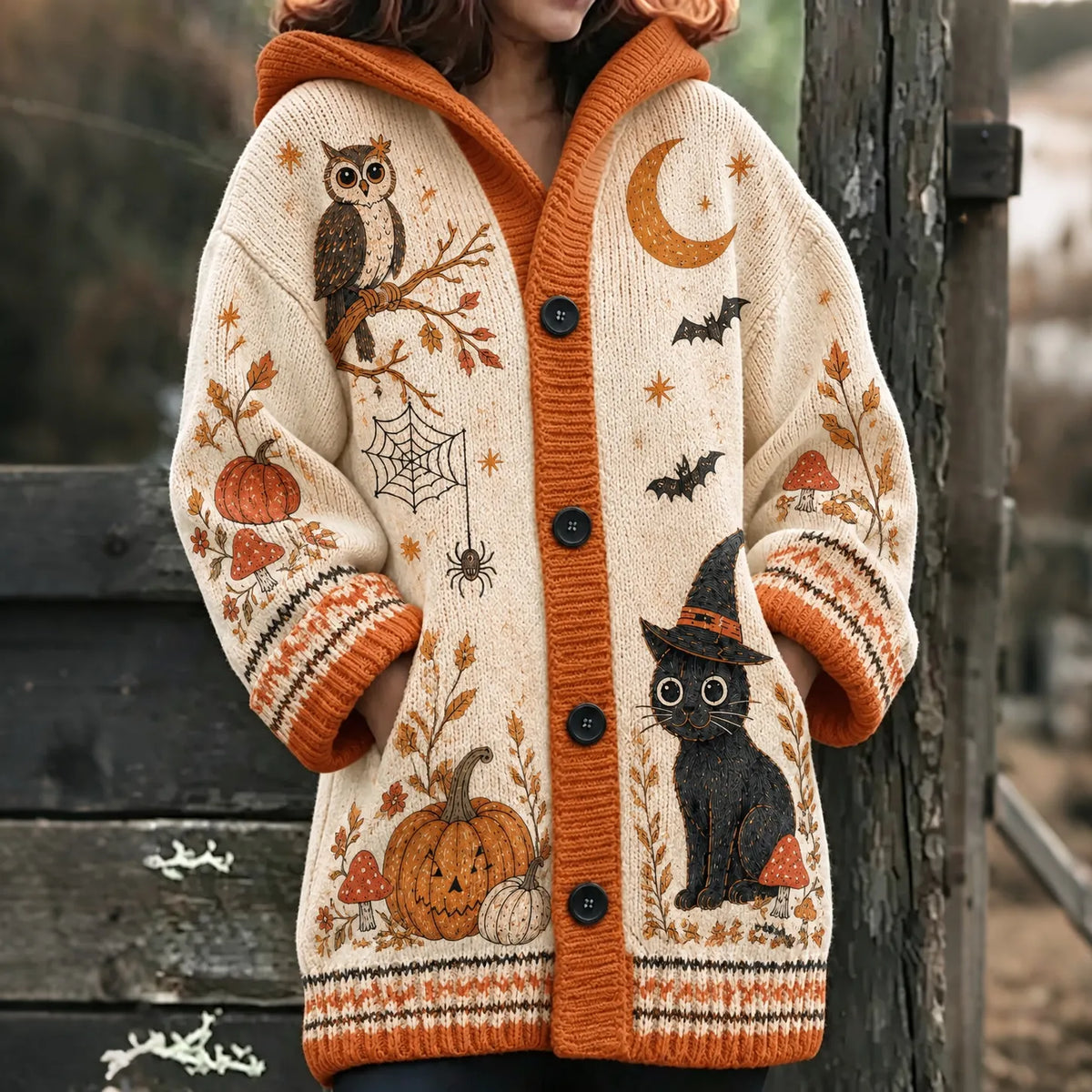Women's Halloween Black Cat And Pumpkin Art  Knit Hooded Cardigan