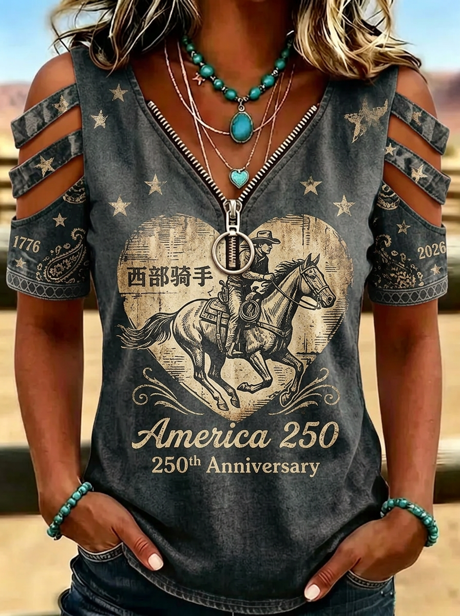 Women's Western Independence Day Cowboy Horse America 250 Printed T-shirt
