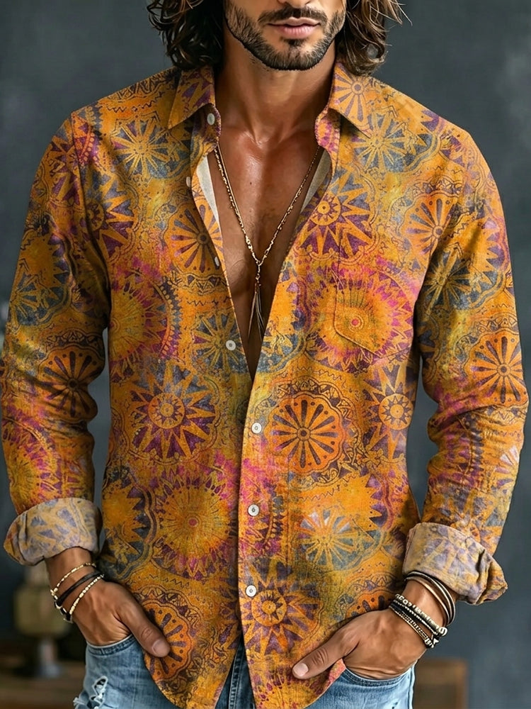 Men's Retro Geometric Ethnic Pattern Print Pocket Long Sleeve Shirt