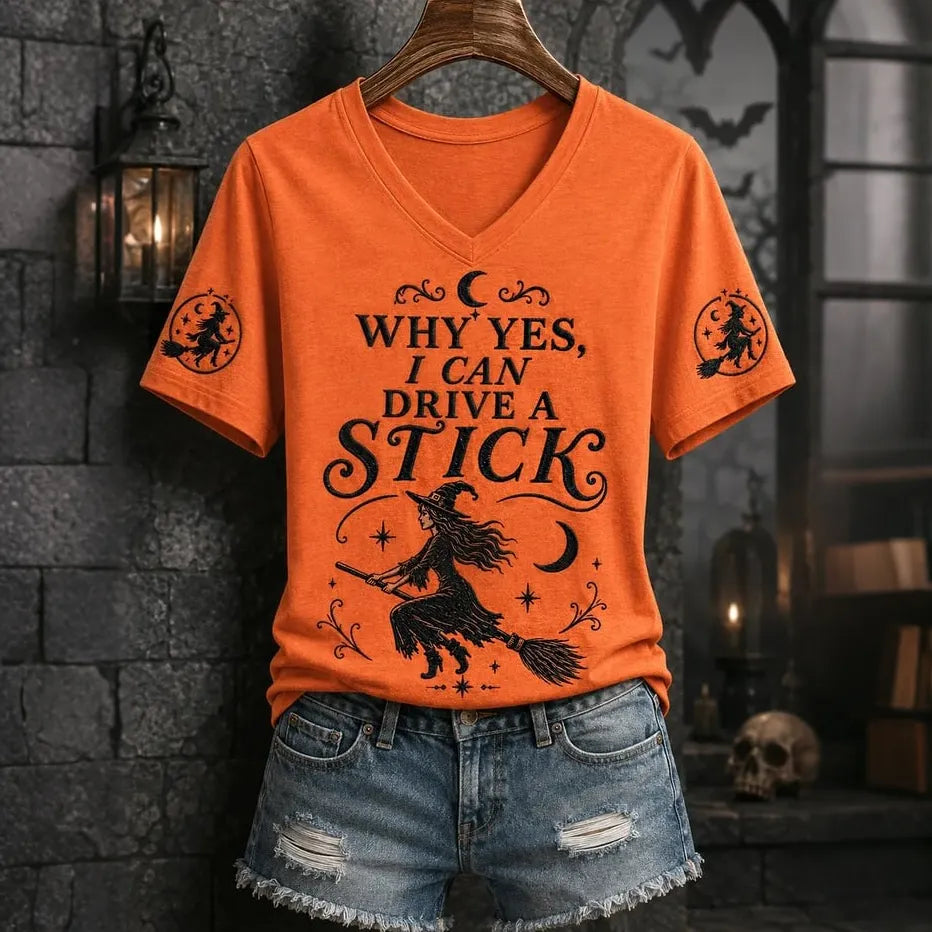 Women's Retro "yes, Actually, I Can Drive A Manual" Halloween Print Casual V-neck T-shirt