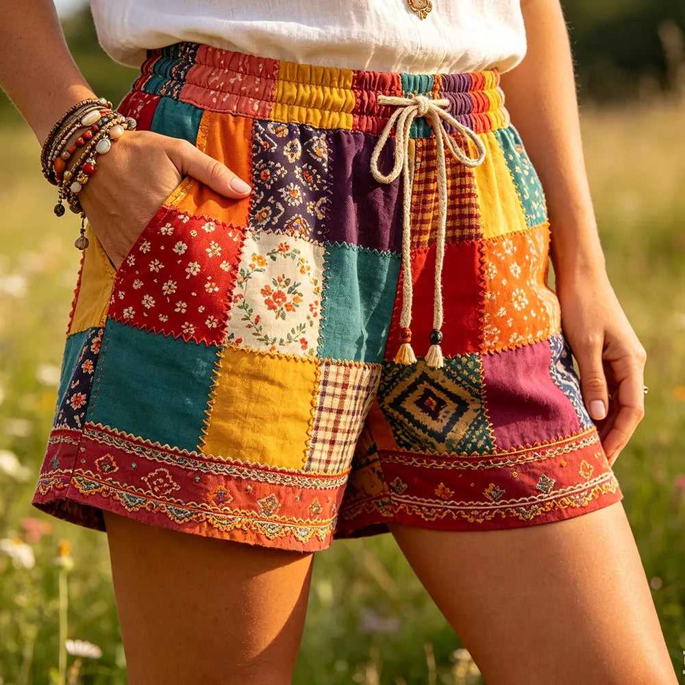 Women's Vintage Patchwork Shorts With Floral And Geometric Print
