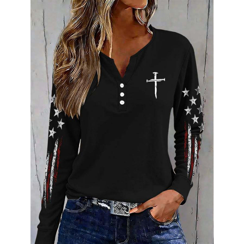 Women's America Falg Cross Pattern Long-Sleeve Henley Top