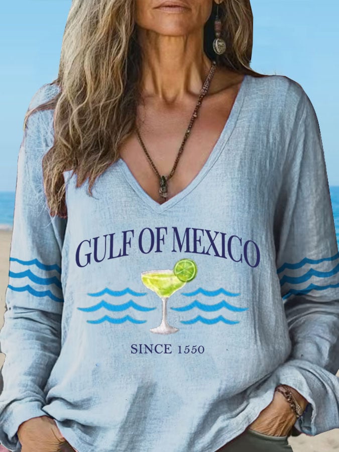 Women's Gulf of Mexico Printed Cotton and Linen Long Sleeve Top