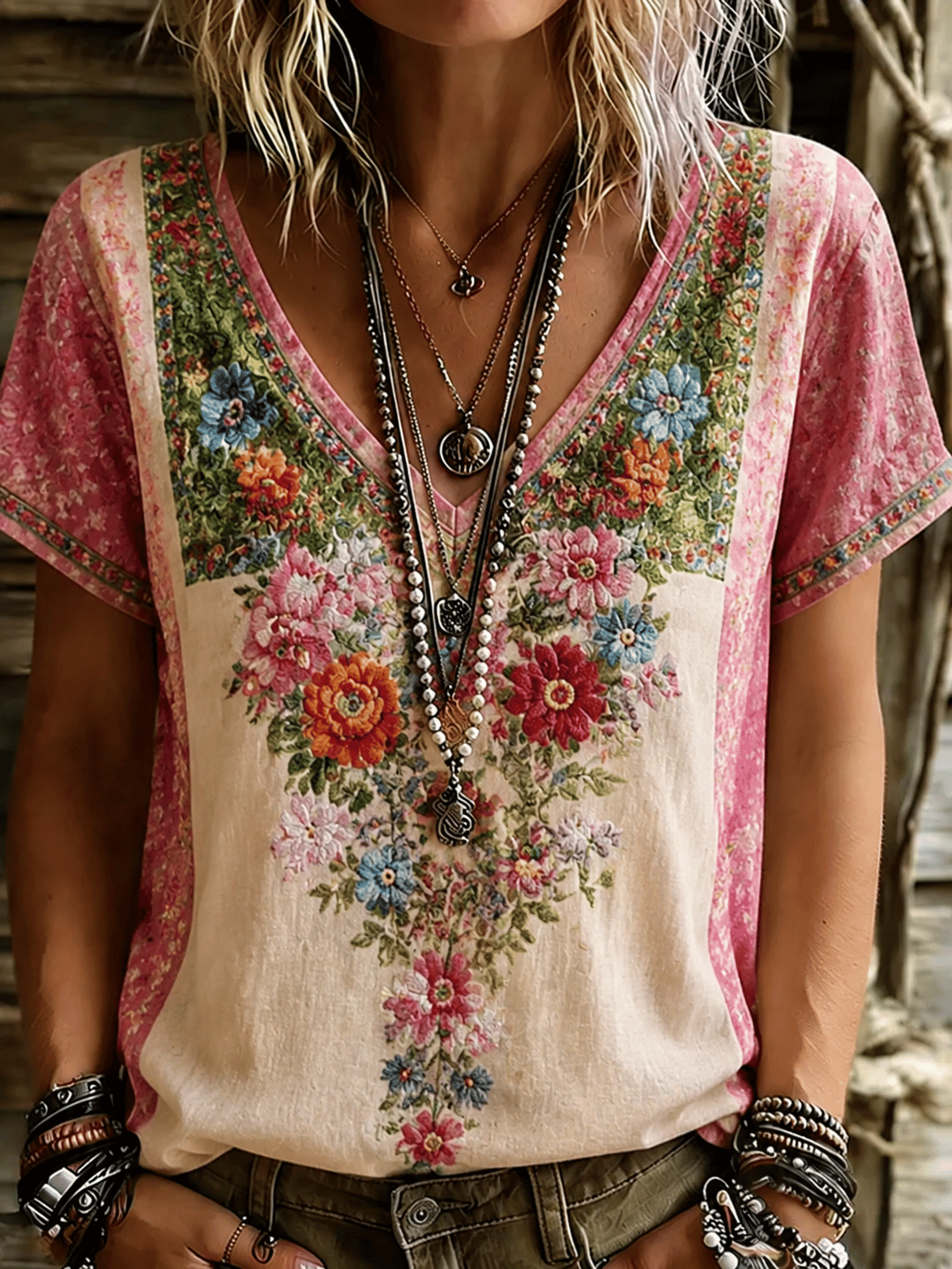 Women's Retro Breast Cancer Floral Print Top