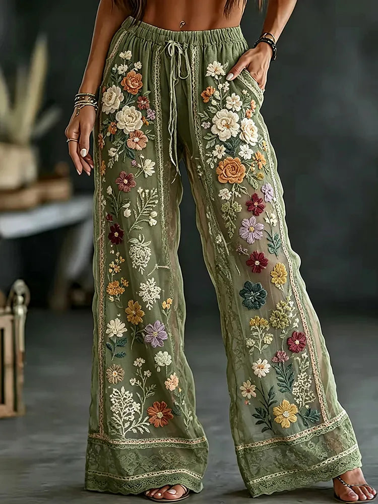 Vintage Colorful Floral And Lace Art Cotton Linen Comfortable Pants