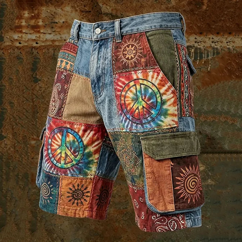 Men's Retro Peace Symbol Bohemian Art Print Cargo Shorts